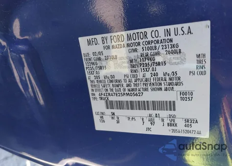 2005 Mazda B4000 z USA, uszkodzony, nr VIN 4F4ZR47E25PM05627